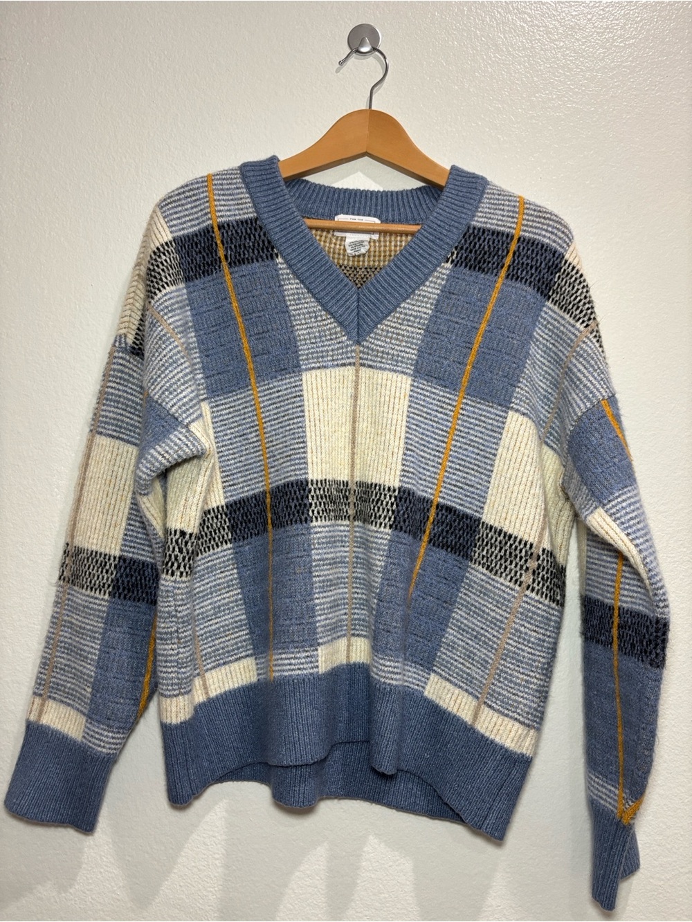 For The Republic Blue, Cream & Yellow Plaid V-Neck Sweater